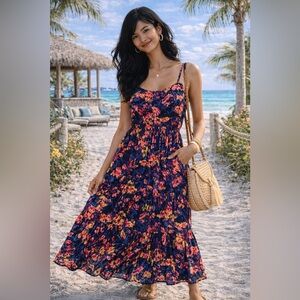 Evereve Navy Floral Tiered Maxi Dress with Pink and Yellow Blooms